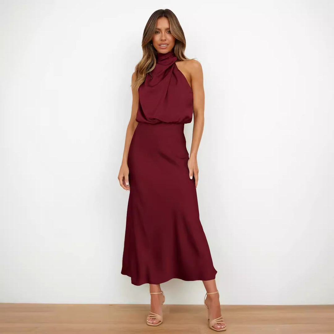 Women Flowing Maxi Dress with Elegant Stand Collar and Draping Mune Fashion