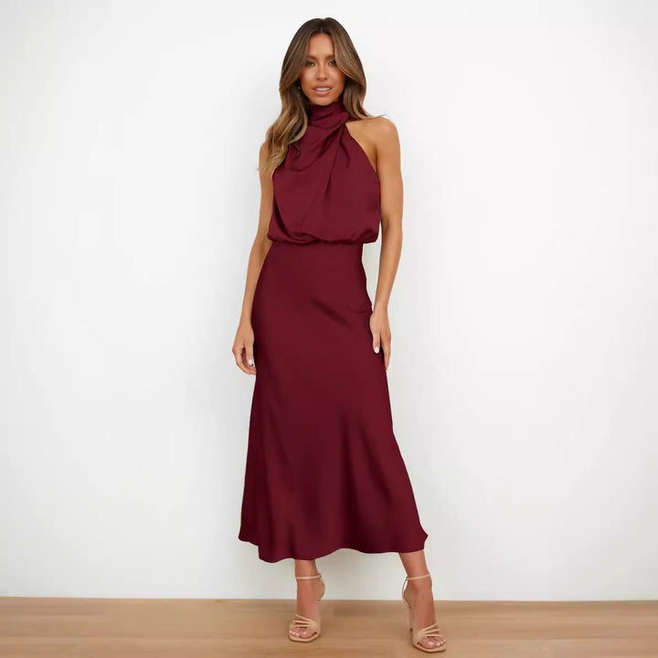 Women Flowing Maxi Dress with Elegant Stand Collar and Draping Mune Fashion