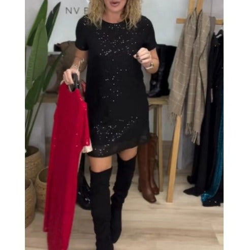 Women's sparkling shift mini dress with sequin trim and transparent hem Mune Fashion