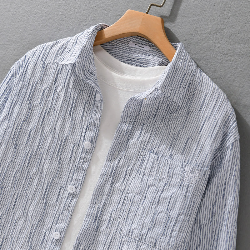 Men Striped Linen Relaxed Shirt with Chest Pocket and Button Placket Mune Fashion