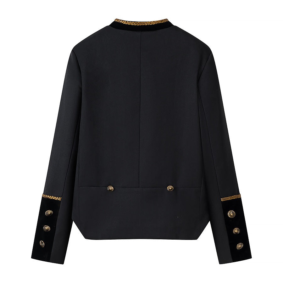 Women's Cropped Parade Military Jacket with Gold Decorative Cord, Stand-Up Collar and Velvet Trim Mune Fashion