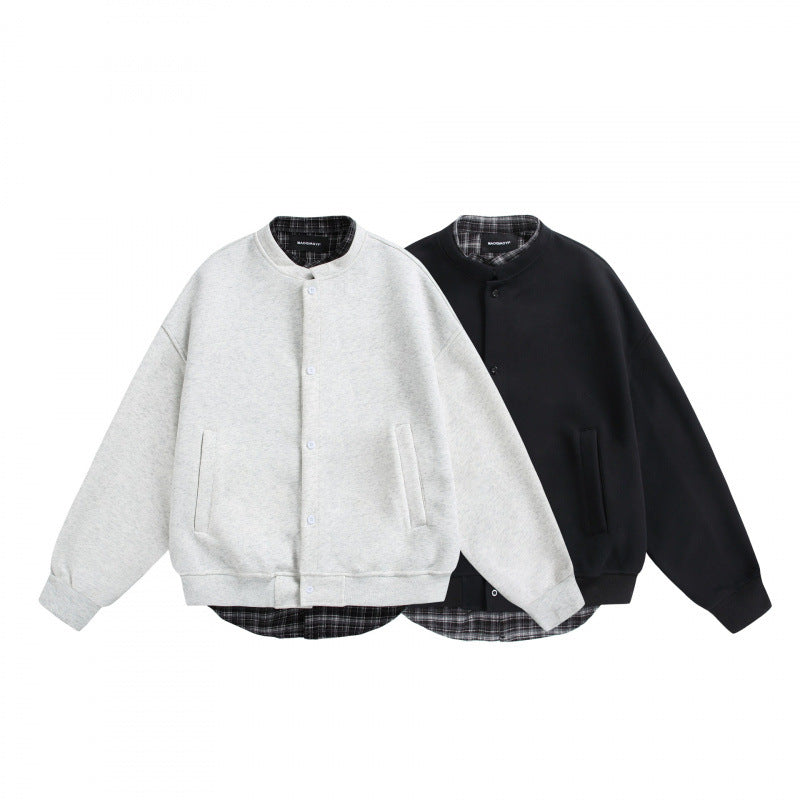 Men's Oversized College-Style Sweat Jacket with Concealed Snap Button Placket and Checked Lining Mune Fashion