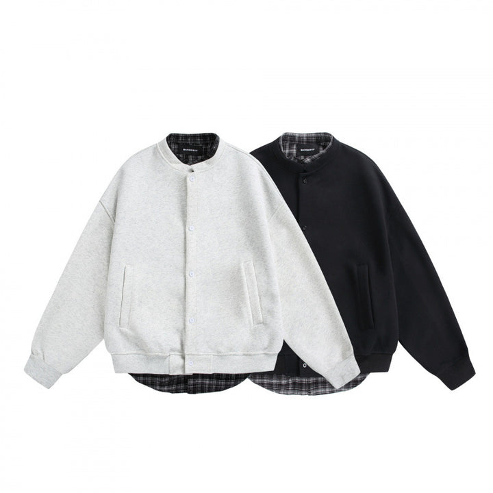 Men's Oversized College-Style Sweat Jacket with Concealed Snap Button Placket and Checked Lining Mune Fashion