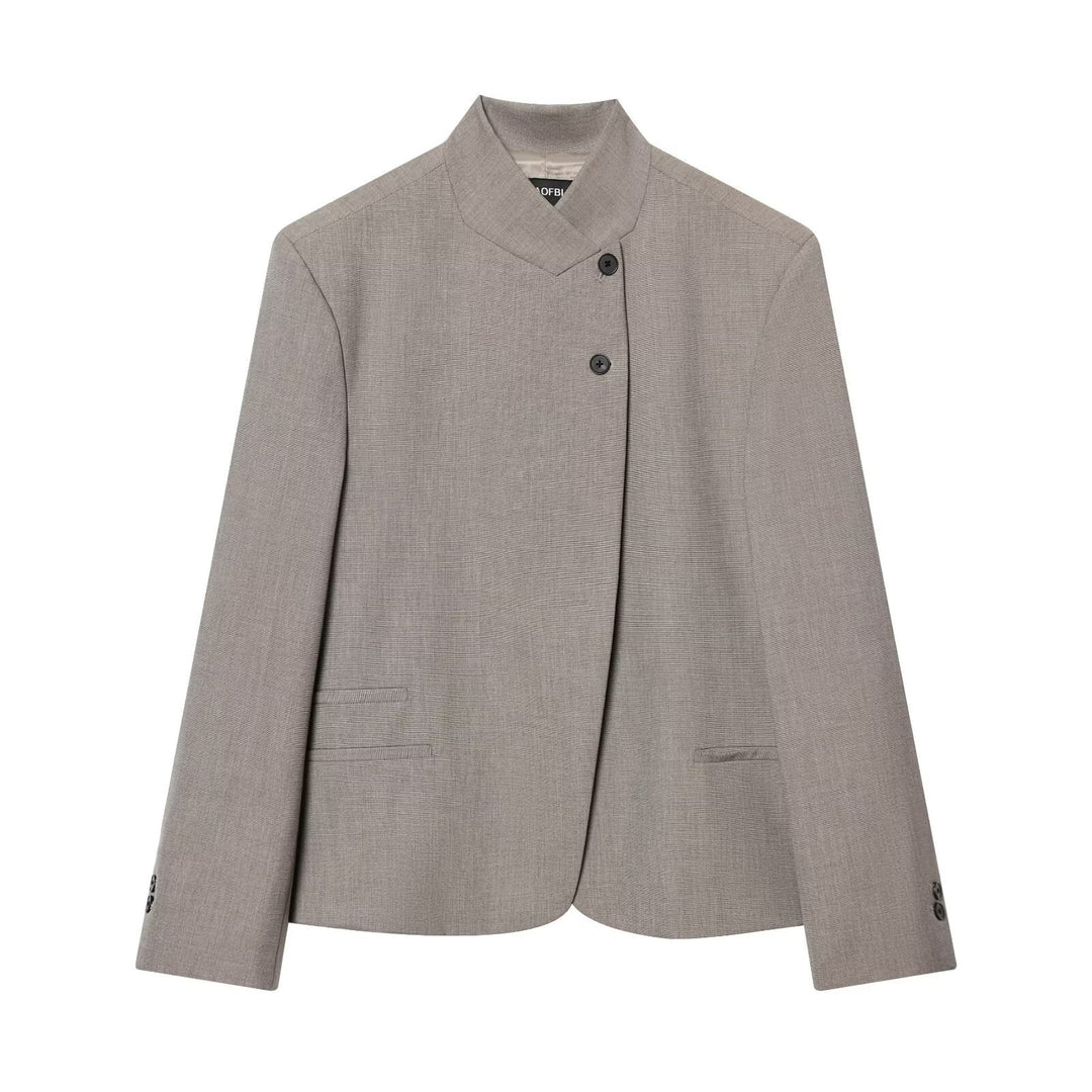 Women Short Tailored Blazer with Stand-Up Collar and Asymmetrical Button Placket Mune Fashion
