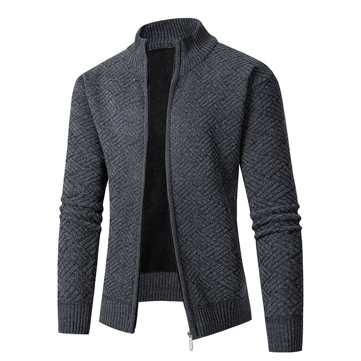 Men's Thermal Knit Jacket with Full Zip, Lined Stand-Up Collar and Geometric Structure Pattern Mune Fashion