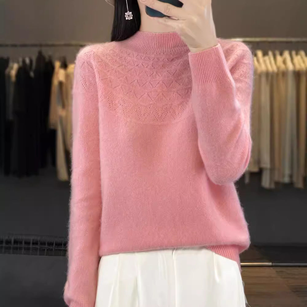 Women's Cozy Mohair Look Pullover with Decorative Structure on the Top and High Collar Mune Fashion