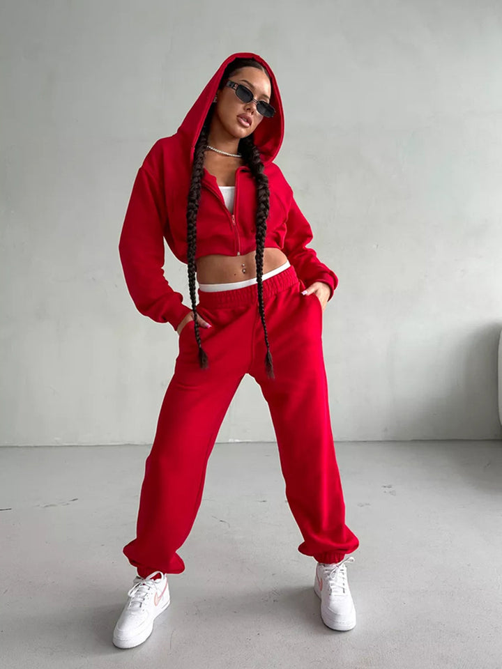 Women short zip hoodie with fitted cuff and wide high-waist French terry jogging pants set Mune Fashion
