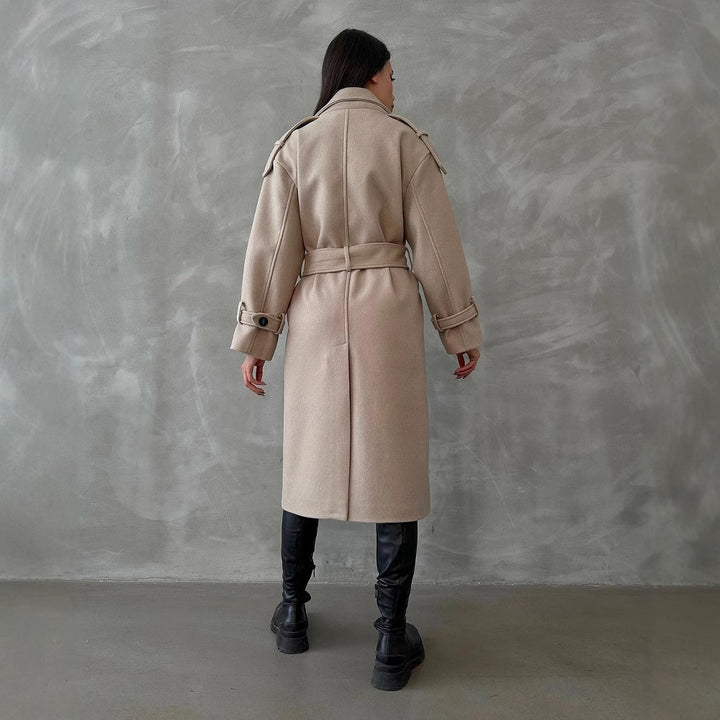 Women's Oversized Wool Blend Coat with Double-Breasted Button Placket and Waist Belt Mune Fashion