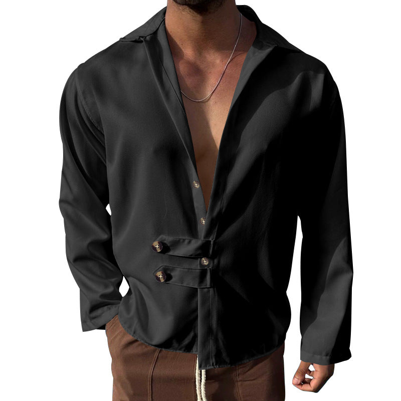 Men's Elegant Shirt with Innovative Button Design and Deep V-Neck Mune