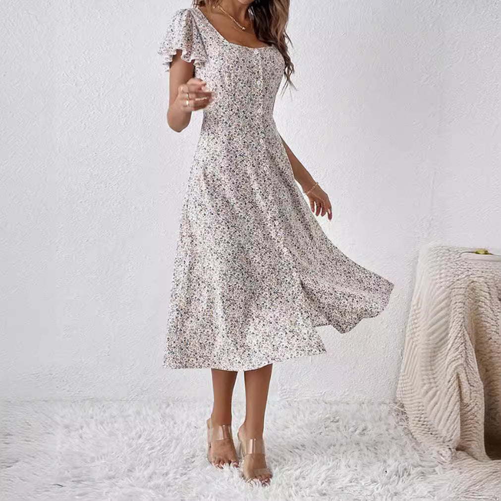 Women's fitted midi dress with square neckline, concealed button placket, and flowing A-line skirt Mune Fashion