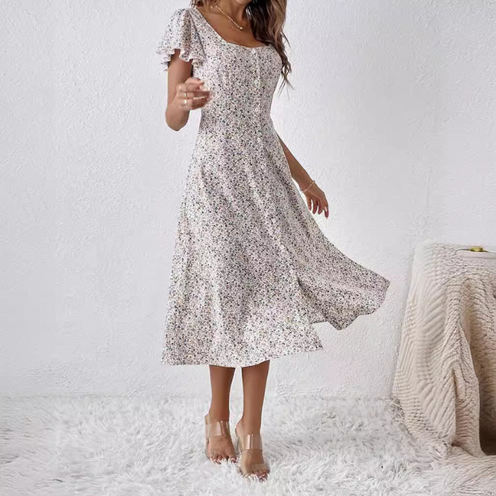 Women's fitted midi dress with square neckline, concealed button placket, and flowing A-line skirt Mune Fashion