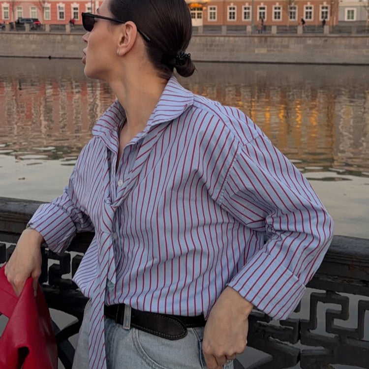 Women's Striped Blouse with Integrated Tie Detail & Oversized Cut Mune Fashion