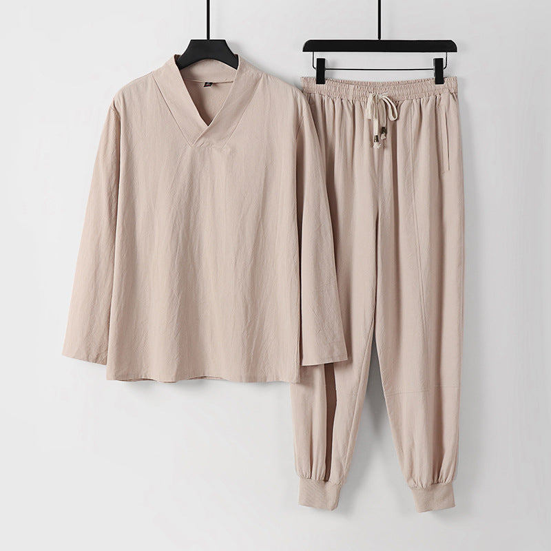 Men's Lightweight Kimono Loungewear Set Made of Cotton Blend with V-Neck and Elastic Cuff Pants Mune Fashion