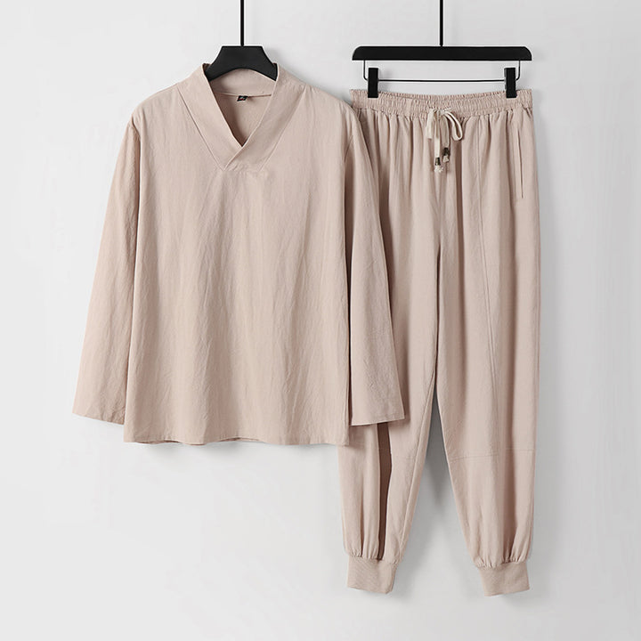 Men's Lightweight Kimono Loungewear Set Made of Cotton Blend with V-Neck and Elastic Cuff Pants Mune Fashion