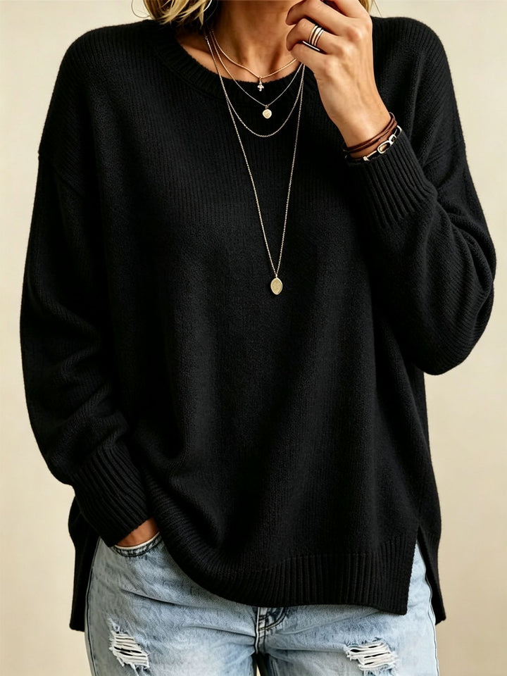Women Loose Fit Round Neck Fine Knit Sweater with Side Slits and Ribbed Cuffs Mune Fashion