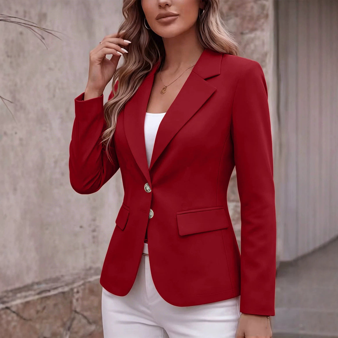 Women Tailored Single-Breasted Blazer with Notch Lapel and Flap Pockets Mune Fashion