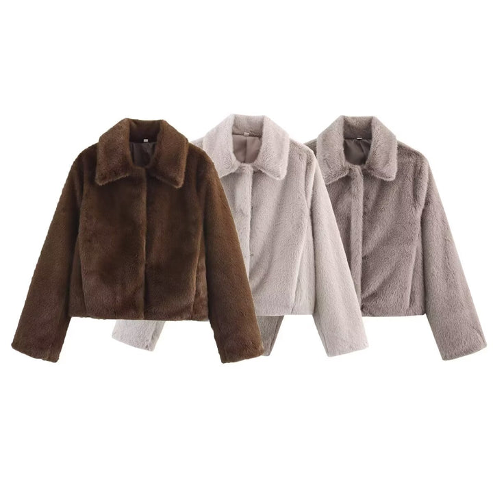 Women's Cropped Faux Fur Blouson with Lapel Collar and Soft Teddy Faux Fur Mune Fashion