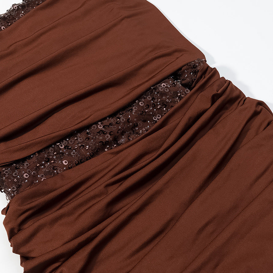 Ladies evening dress with off-the-shoulder draped top and sequin insert Mune Fashion