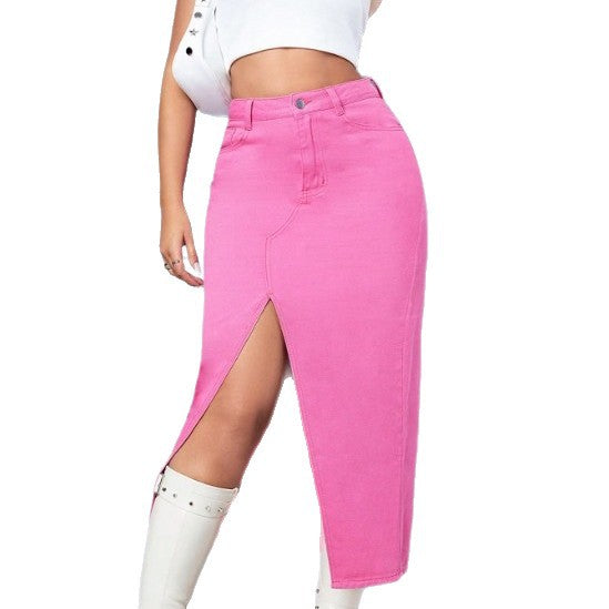 Women’s high-waisted pencil mid-skirt made of stretch denim with central leg slit and five-pocket details Mune Fashion