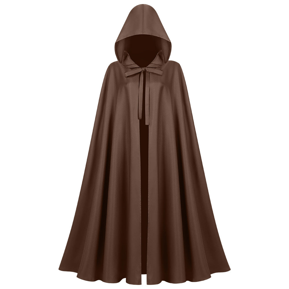 Unisex longer hooded cloak made of water-repellent polyester with a full round cut and drawstring