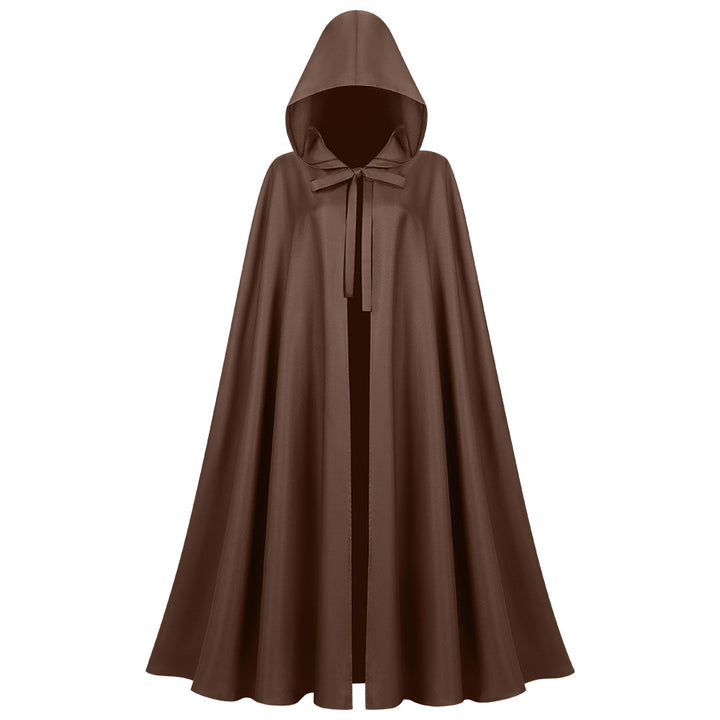 Unisex longer hooded cloak made of water-repellent polyester with a full round cut and drawstring
