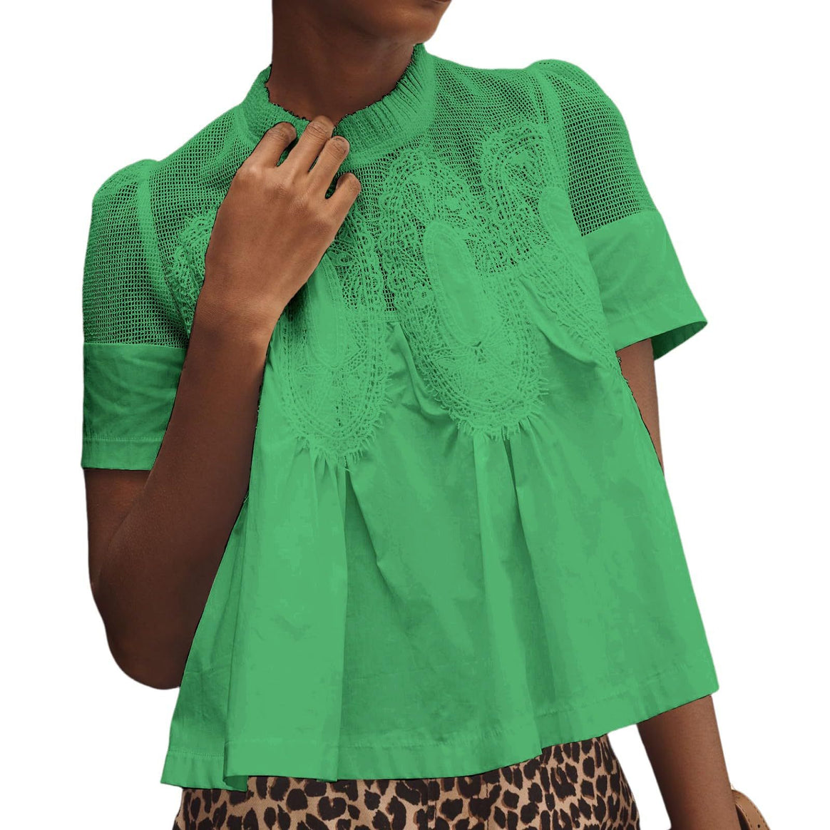 Ladies lace blouse top with stand-up collar, mesh insert and gathered A-line silhouette Mune Fashion