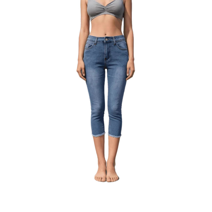 Women's narrow ankle-length jeans with raw fringe finish and mid-rise waist Mune Fashion