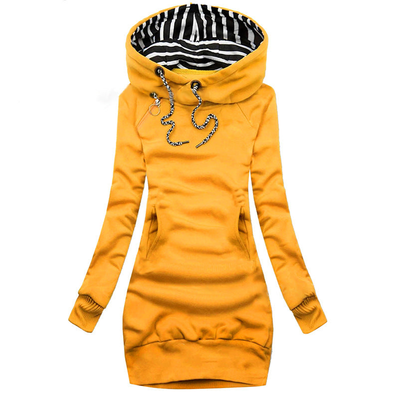 Women's hoodie midi dress with wide funnel neck, striped inner lining, and kangaroo pockets Mune Fashion