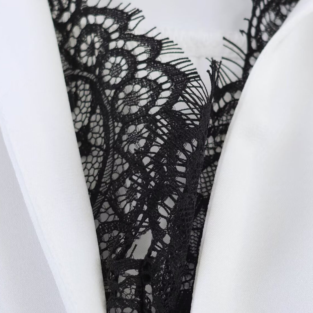 Women's Silky Oversized Blouse with Lace Insert and Shirt Collar Mune Fashion