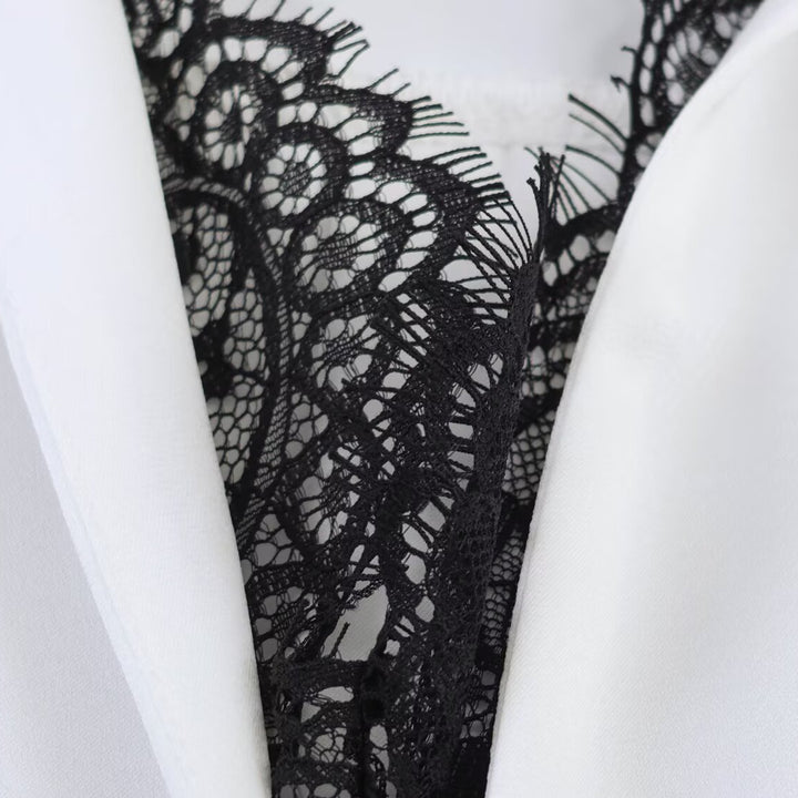 Women's Silky Oversized Blouse with Lace Insert and Shirt Collar Mune Fashion