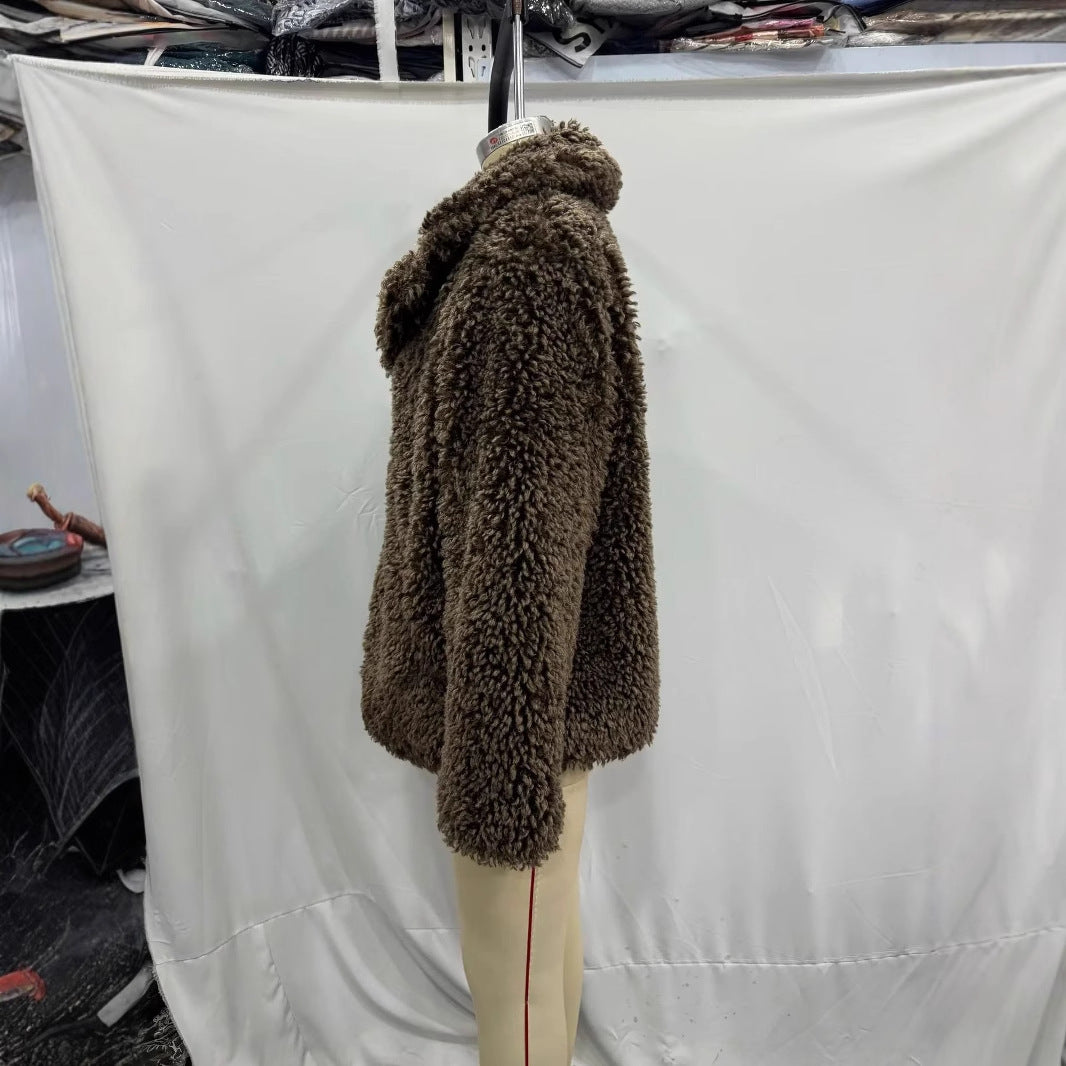 Women's teddy fur coat jacket with large shawl collar, warming padding and concealed closure Mune Fashion