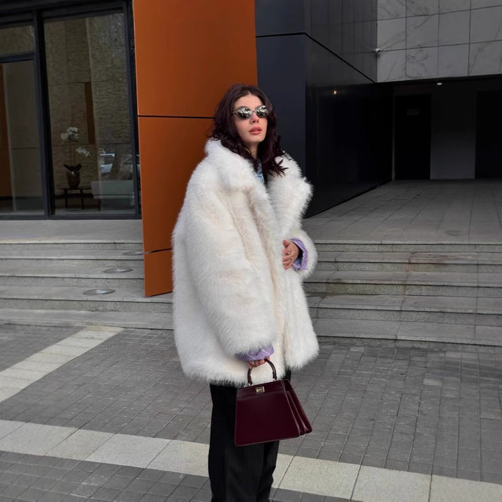 Women's Long Pile Oversized Faux Fur Coat with Boxy Silhouette and Open Cut Mune Fashion