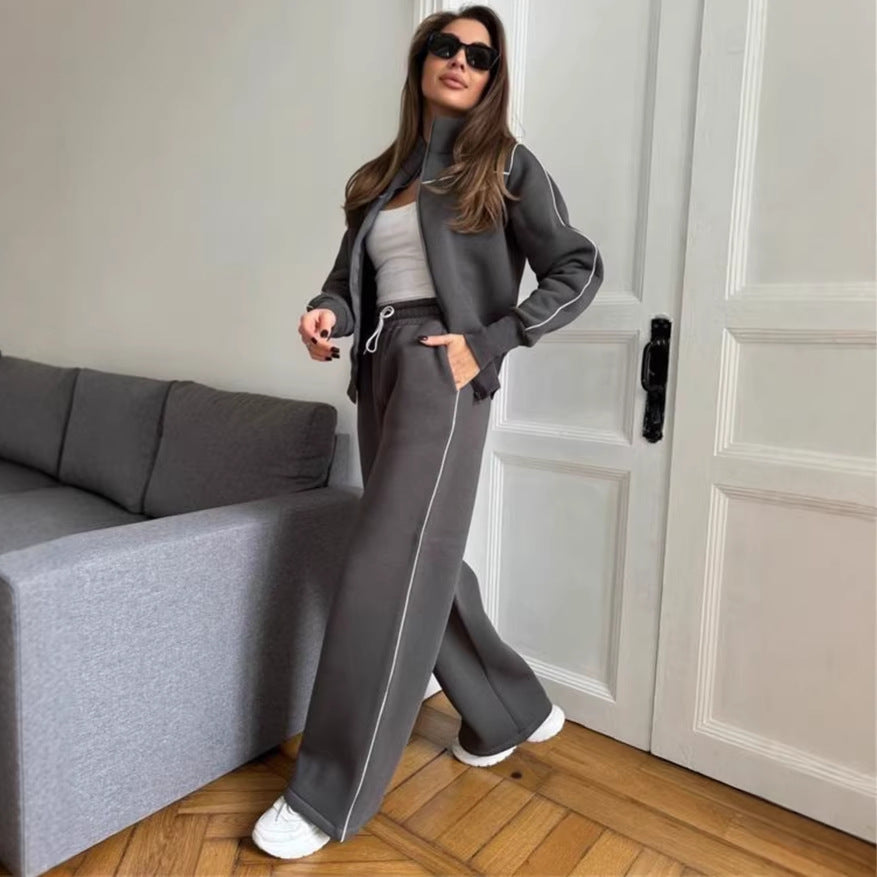 Women's Two-Piece Tracksuit Set with Stand-Up Collar, Contrast Piping and Wide Leg Mune Fashion