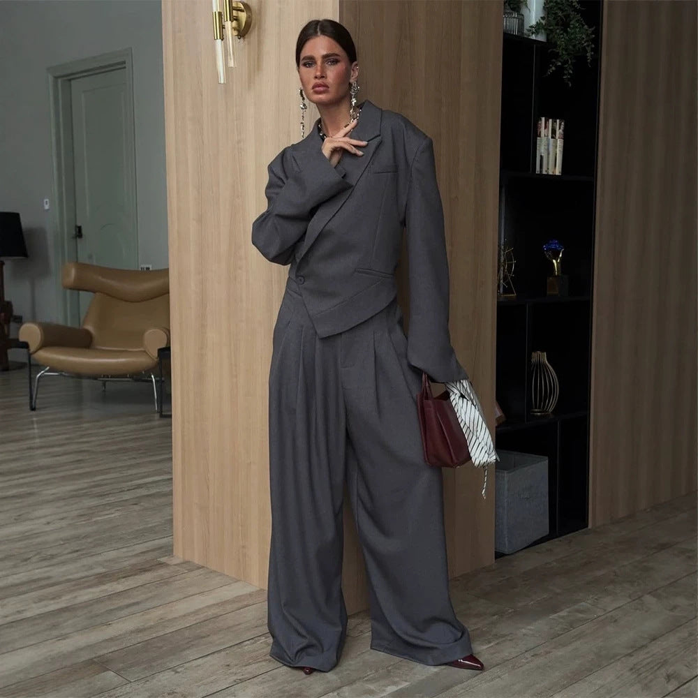 Women Oversized Blazer Set with Tailored Peplum and Pleated Midi Skirt Mune Fashion