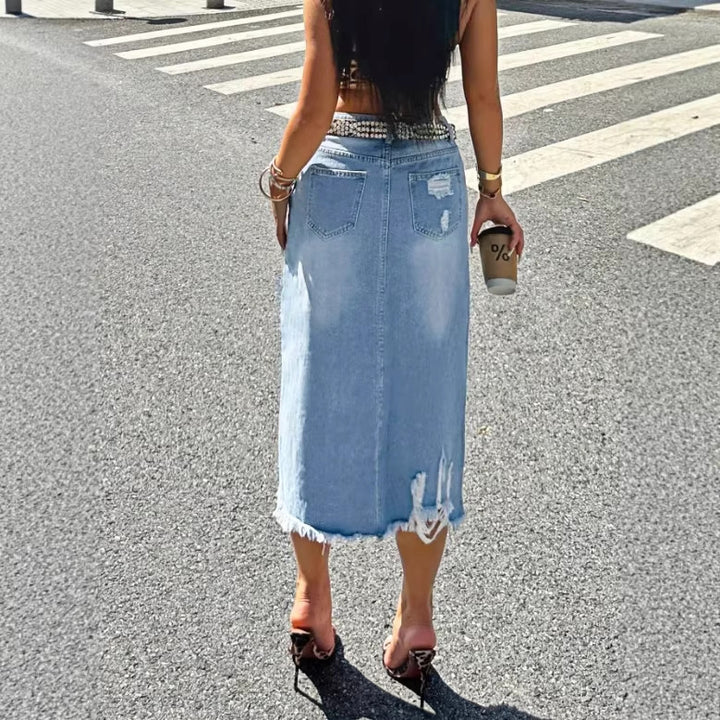 Ladies Denim Midi Skirt with Fringes Front Slit and Used Effects Mune Fashion