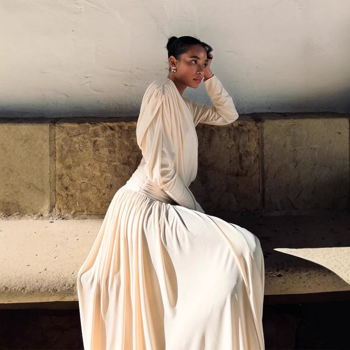 Women's Elegant Wrap Maxi Dress with Deep V-Neckline and Draping Mune Fashion