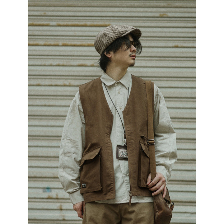 Men's Multifunctional Canvas Utility Vest with Front Pockets and Zipper Mune Fashion
