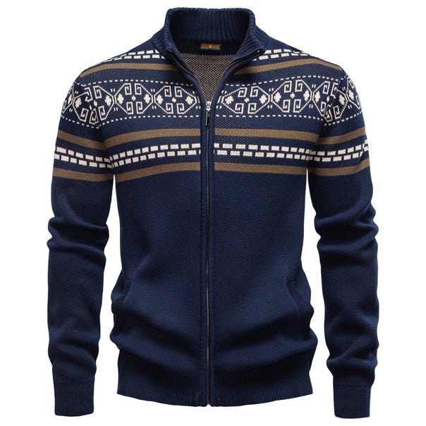 Men's knitted jacket with full zipper, stand-up collar and Nordic geometric intarsia pattern Mune Fashion