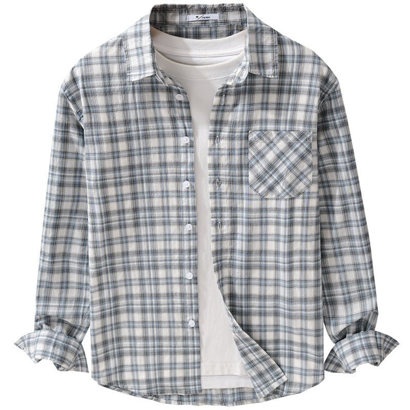 Men's Loose Check Layering Shirt made of lightweight cotton blend with diagonal patterned patch pocket Mune Fashion