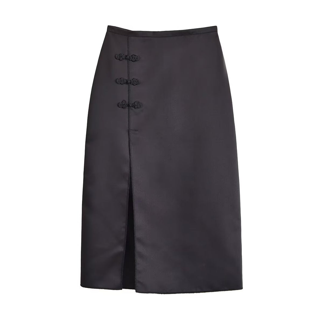 Women's Tailored Midi Skirt with Front Slit and Decorative Toggle Closures Drune