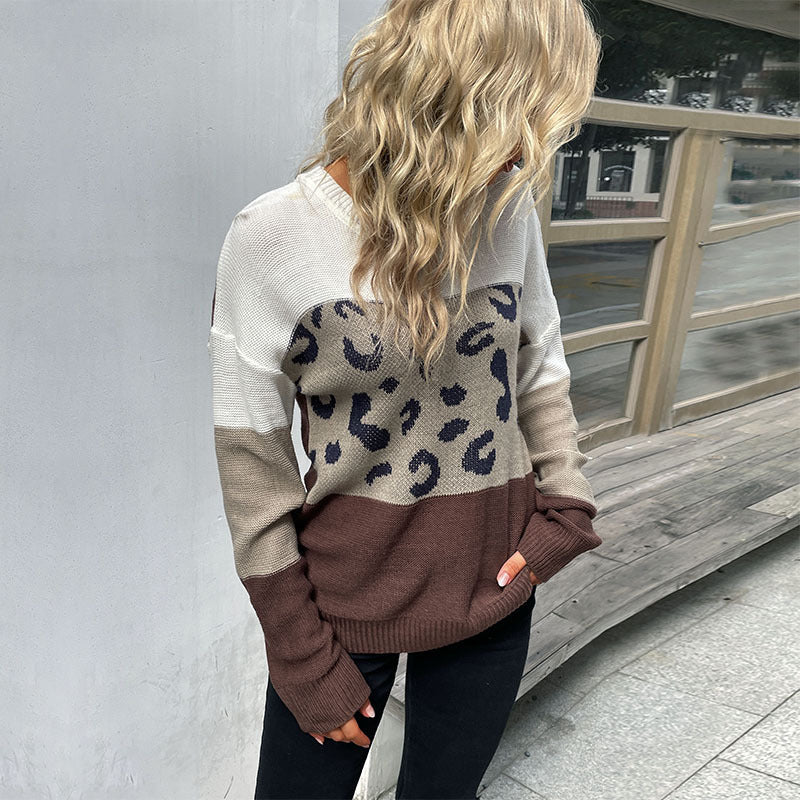 Women Long Sleeve Fine Knit Sweater with Subtle Leopard Print and Block Stripes Mune Fashion