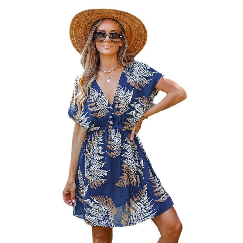 Women’s maxi dress with botanical pattern and deep V-neck Mune Fashion