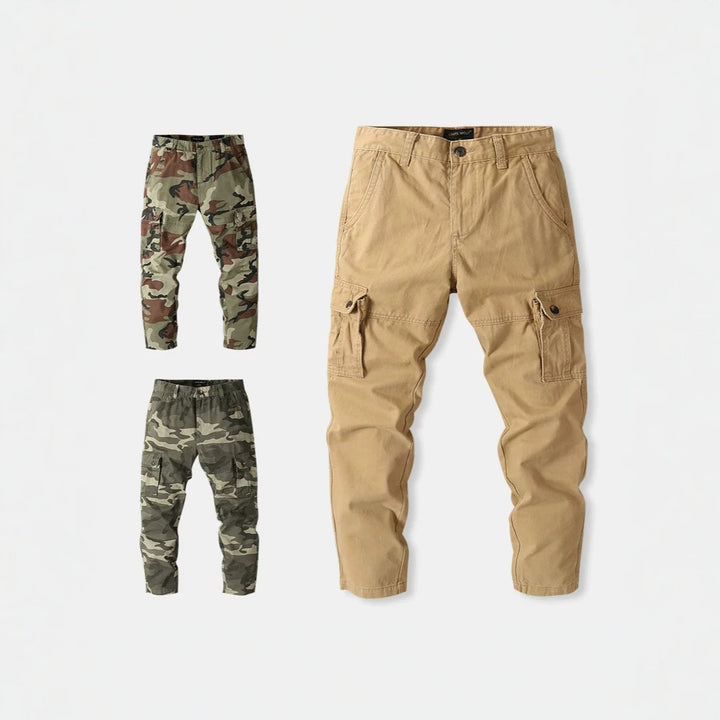 Men's cargo pants with tactical camouflage pattern and multiple flap pockets Mune Fashion
