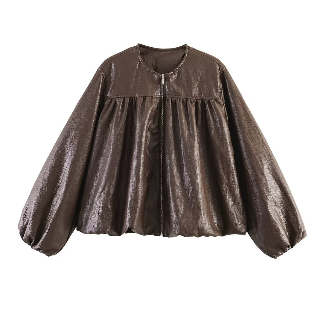 Women's short jacket in flounce style with gathered yoke, continuous zipper and wide balloon sleeves Mune Fashion
