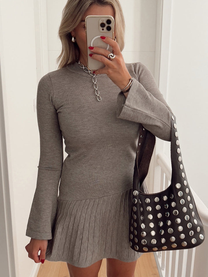 Women's Tailored Fine Knit Mini Dress with Pleated Skirt and Flared Sleeves Mune Fashion
