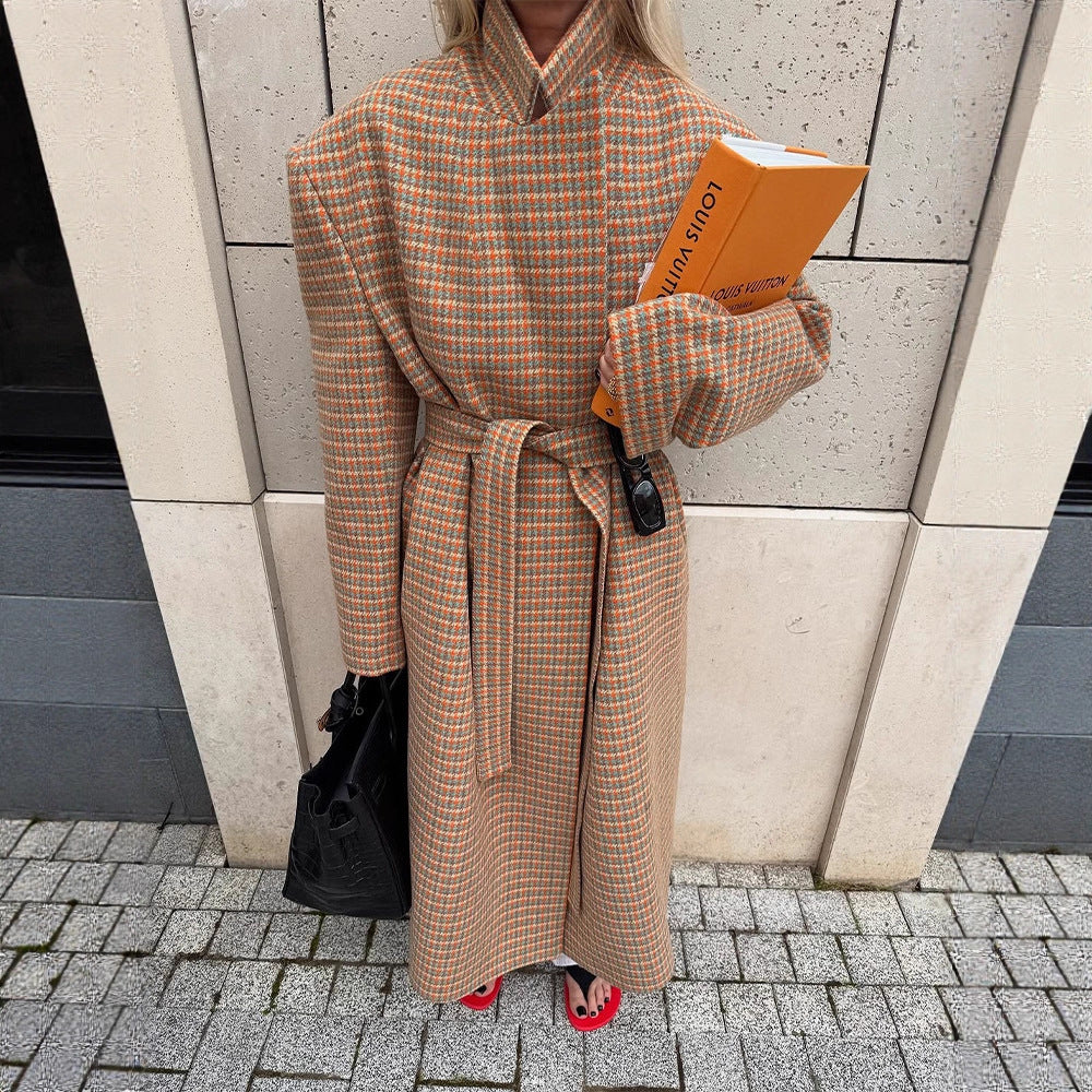 Ladies Oversize Wool Coat with Houndstooth Pattern and Waist Belt Mune Fashion