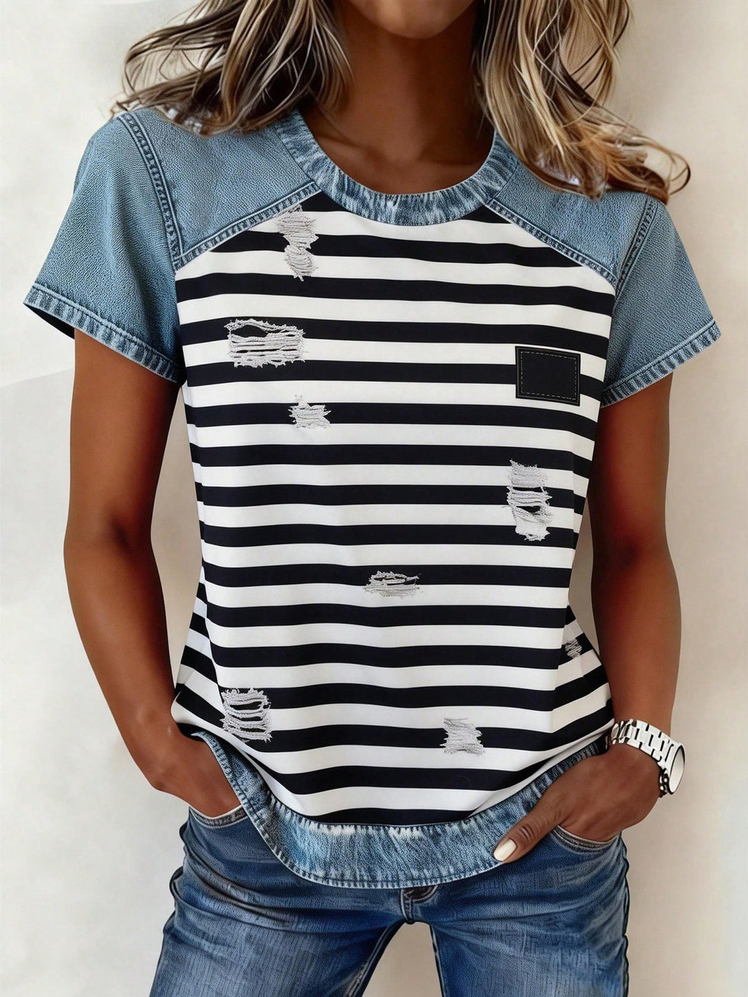 Women's Short Sleeve Shirt with Jeans Inserts and Teddy Patch Print Mune Fashion