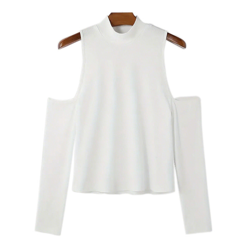 Women's fitted fine knit top with stand-up collar, shoulder cutouts, and long sleeves Mune Fashion