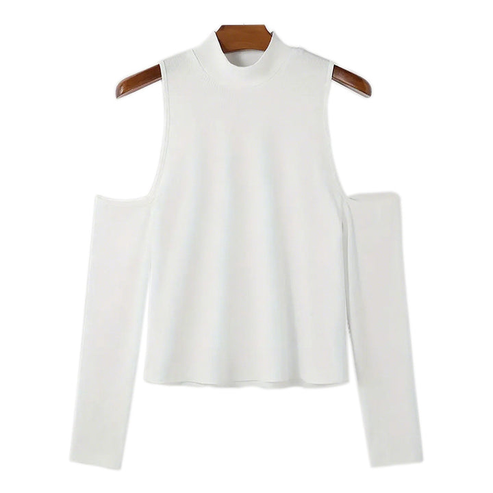 Women's fitted fine knit top with stand-up collar, shoulder cutouts, and long sleeves Mune Fashion