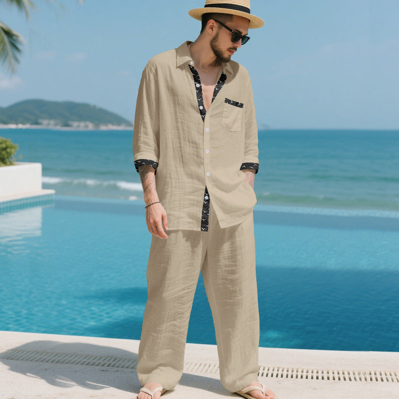 Men's Linen Look Loungewear Set with Drawstring Pants and Open Shirt Jacket Mune Fashion